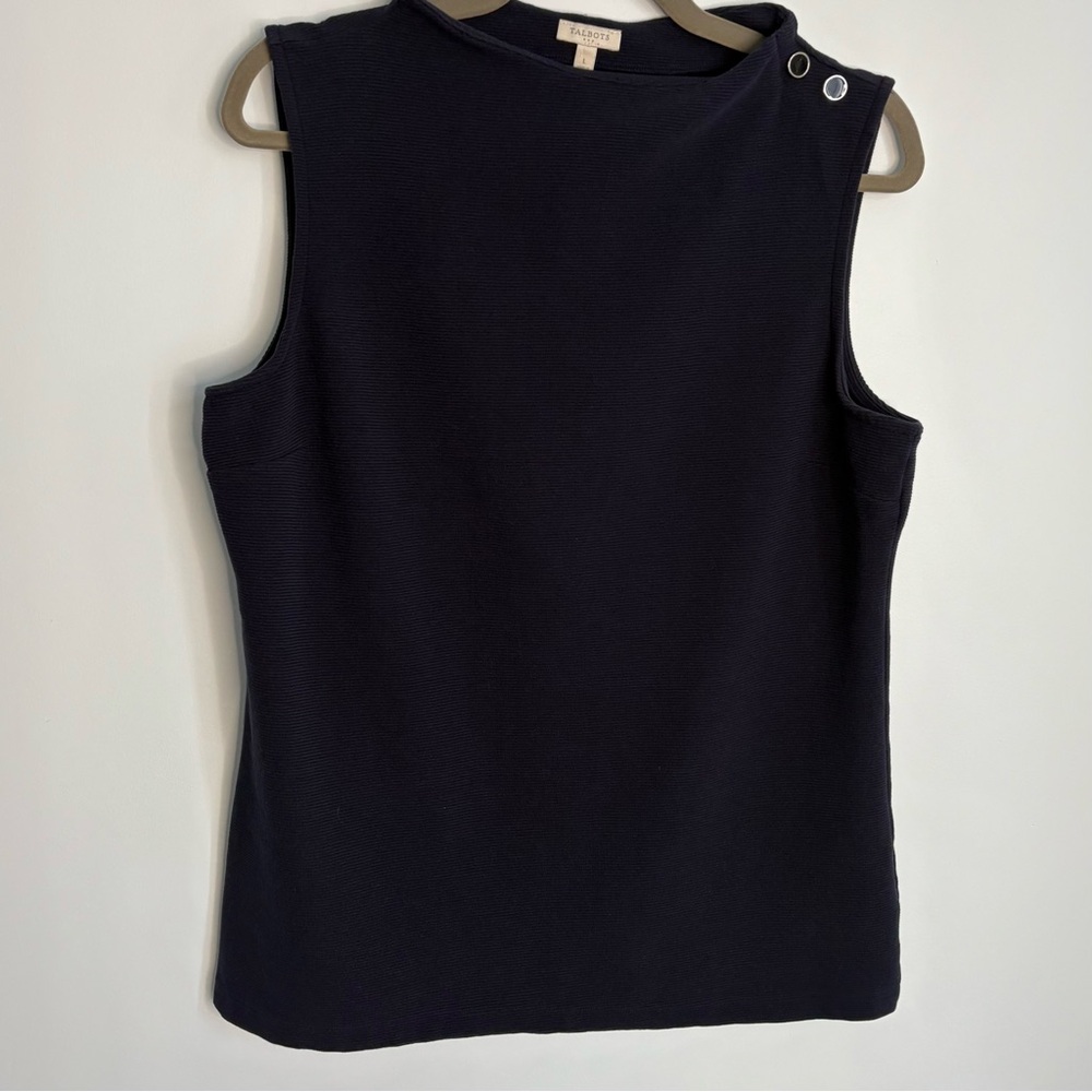 Talbots Navy Blue Sleeveless Mockneck Top- button detail-sz Large